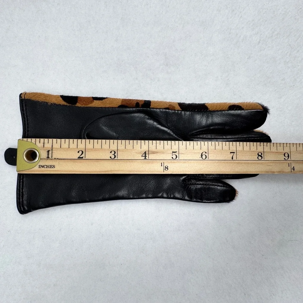 New Chicos Black Label Leopard Gloves‎ S Black Leather Pony Hair Mob Wife Chic